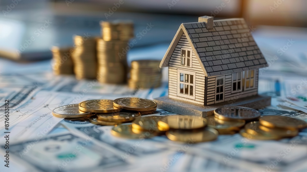 A miniature house model placed on a bed of US dollar bills and coin stacks, symbolizing real estate investment and financial growth.