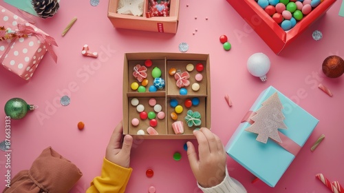 Handmade advent calendar and kids hands unpaking box with candies. Gift boxes for Xmas. Eco friendly Christmas gifts diy concept photo