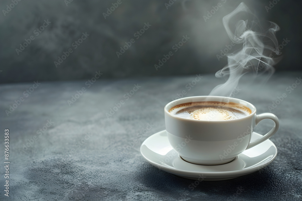 A cup of coffee with steam rising, placed on a table with ample empty space around it A cup of coffee with steam rising, placed on a table with ample empty space around it
