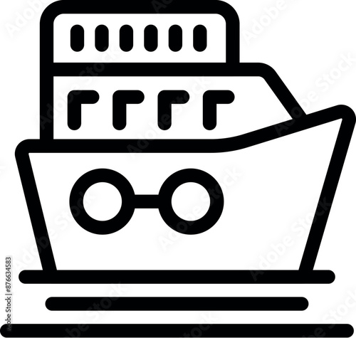Simple black and white icon of a cruise ship floating on water