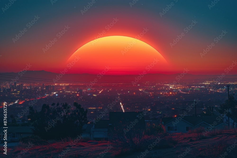 Obraz premium Cityscape at Sunset with Red Sky