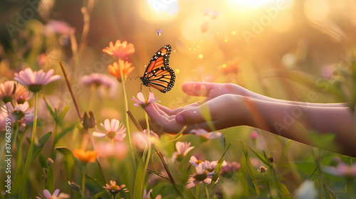 A Child hands releasing a monarch butterfly into a flower-filled meadow at sunrise, symbolizing freedom and the beauty of nature