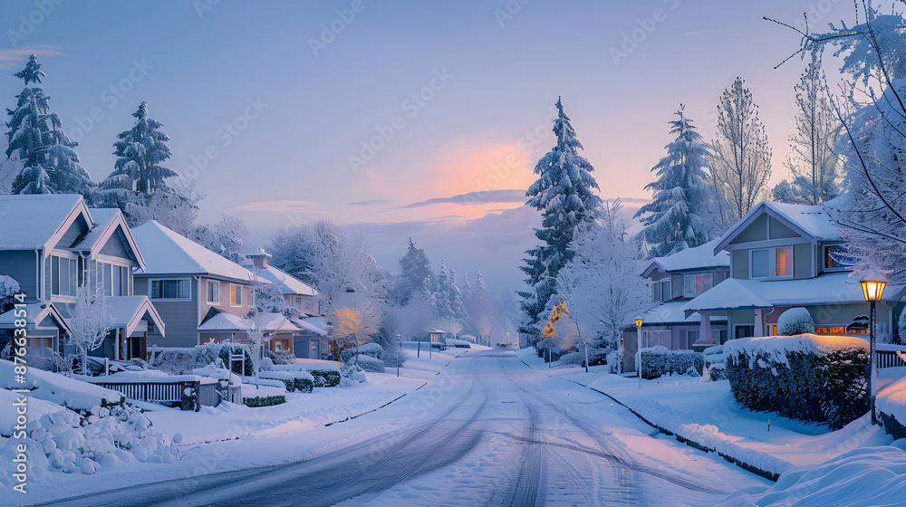 Fototapeta premium A quiet suburban neighborhood with snow-covered houses and frosted trees lining a peaceful cul-de-sac at twilight