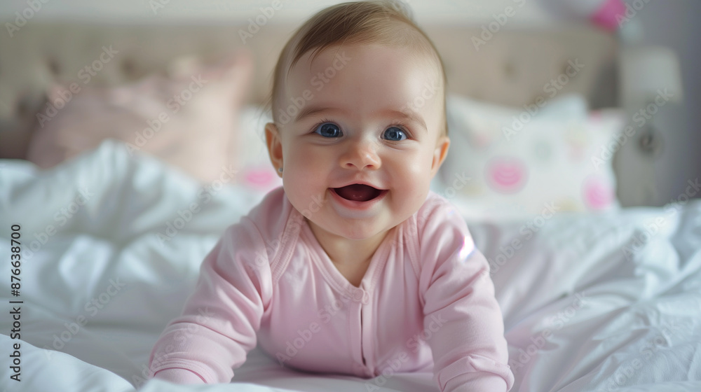 Beautiful smiling baby girl on a white bed in a pink onesie Beautiful smiling baby girl on a white bed in a pink onesie