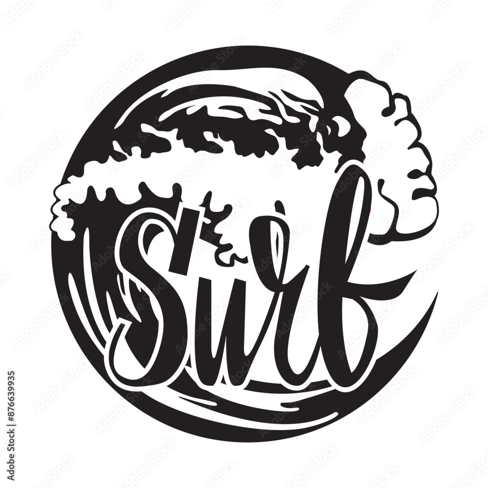 Fototapeta premium monochrome badge for surfing fitness hipster vintage label, poster, logo or tshirt print with lettering and shaka. Vector illustration