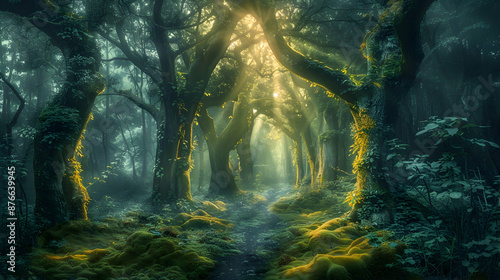 A surreal fantasy forest with glowing trees casting an ethereal light on a moss-covered path