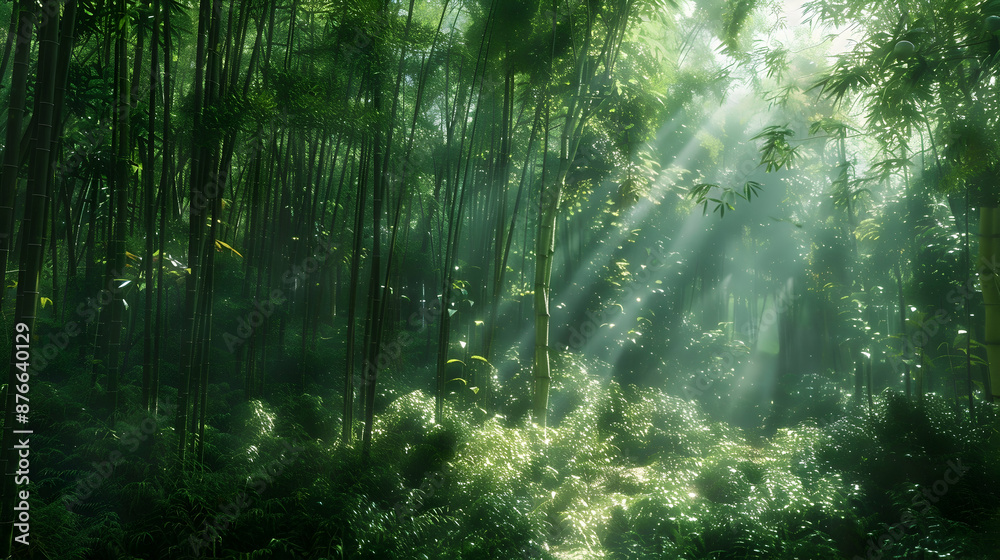 Obraz premium A tranquil bamboo forest with sunlight filtering through dense foliage, creating patterns on the forest floor