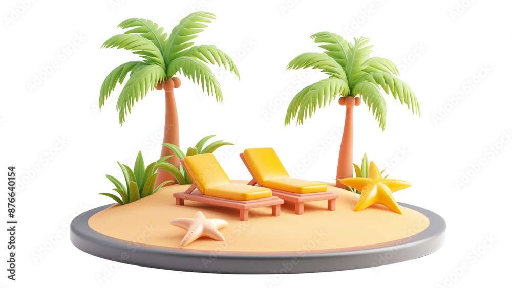 Obraz premium A beach icon with palm trees and a sunbed isolated on a white background
