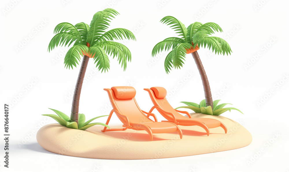 A cute beach icon with two palm trees and a lounge chair isolated on a white background A cute beach icon with two palm trees and a lounge chair isolated on a white background