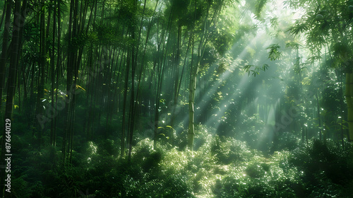 A tranquil bamboo forest with sunlight filtering through dense foliage, creating patterns on the forest floor