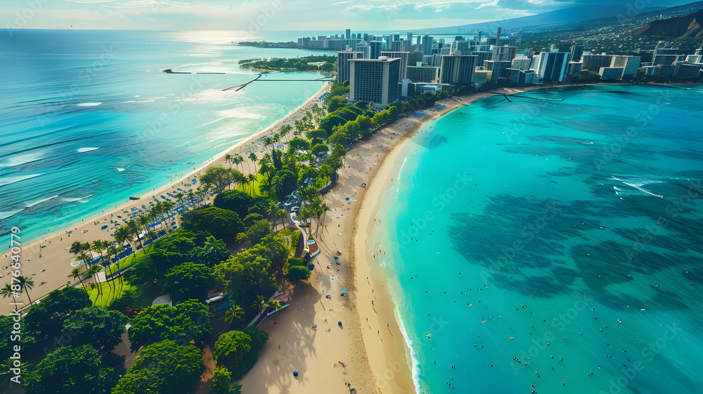 Aerial view of a bustling coastal city with sandy beaches, palm-lined avenues, and vibrant nightlife, blending natural beauty with urban energy Aerial view of a bustling coastal city with sandy beaches, palm-lined avenues, and vibrant nightlife, blending natural beauty with urban energy