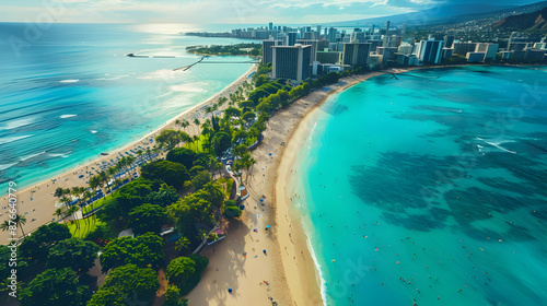 Aerial view of a bustling coastal city with sandy beaches, palm-lined avenues, and vibrant nightlife, blending natural beauty with urban energy