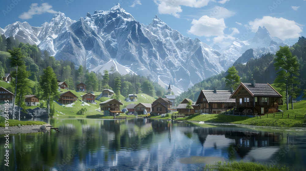 Naklejka premium Alpine village nestled in a lush valley with wooden chalets and a crystal-clear mountain lake reflecting snow-capped peaks