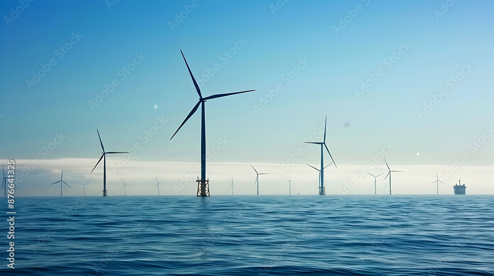 An offshore wind farm with turbines spinning gracefully on the horizon, generating clean electricity from ocean breezes An offshore wind farm with turbines spinning gracefully on the horizon, generating clean electricity from ocean breezes