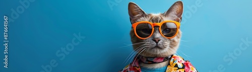 Cat in sunglasses, floral jacket, blue background, playful photo