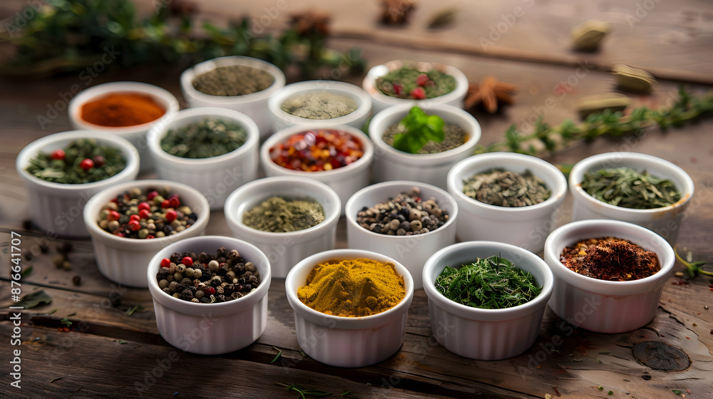 Assorted herbs and spices displayed in small cups. Kitchen seasoning arrangement on wooden surface Assorted herbs and spices displayed in small cups. Kitchen seasoning arrangement on wooden surface
