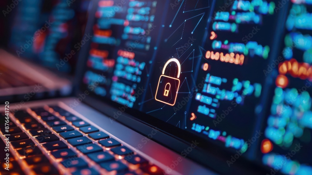 Fototapeta premium Close-up of a laptop screen displaying cybersecurity code and a lock symbol, illustrating data protection and internet security concepts.