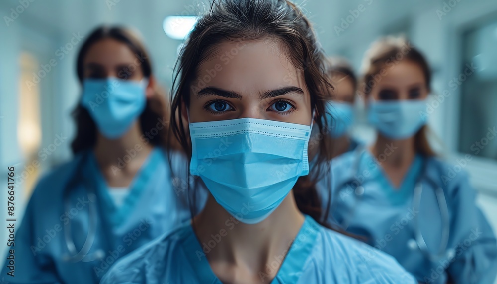 Medical team in scrubs and masks, serious expressions, hospital hallway Medical team in scrubs and masks, serious expressions, hospital hallway