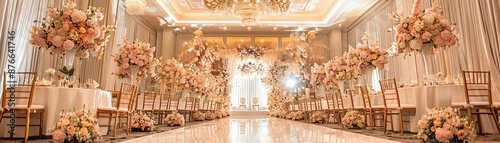 Luxurious wedding venue with floral arrangements, elegant setup