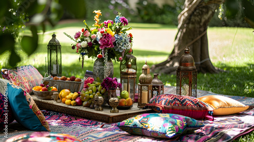 Bohemian garden party setup with low table, colorful cushions, lanterns, fresh fruits, woven basket, floral centerpiece, and personal artifacts