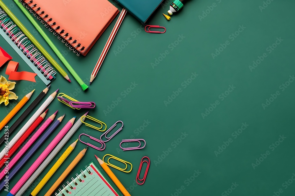 Flat lay of colorful school supplies on green background, copy space for text. High-resolution, top view. Flat lay of colorful school supplies on green background, copy space for text. High-resolution, top view.