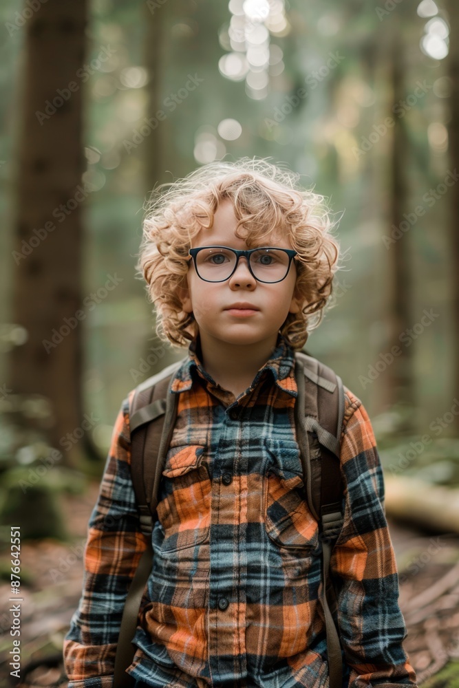 Curly haired boy with glasses and satchel hiking in the lush forest and majestic mountains Curly haired boy with glasses and satchel hiking in the lush forest and majestic mountains