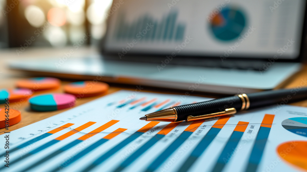 Pen resting on financial report with charts and laptop showing business growth Pen resting on financial report with charts and laptop showing business growth