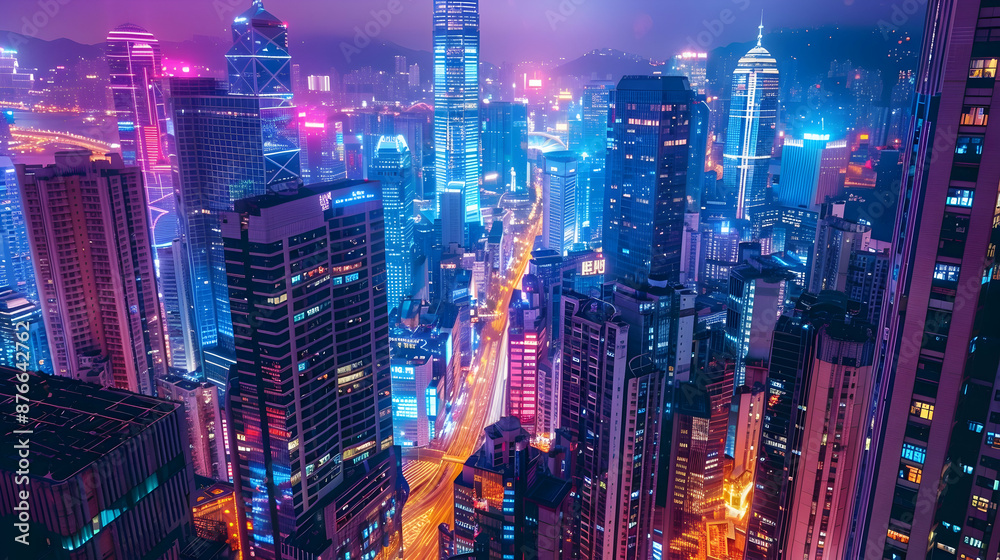 Fototapeta premium Cityscape at night with skyscrapers illuminated by neon lights and bustling streets below