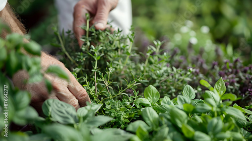 Chefs hand picking fresh herbs from a lush garden bed, with dew-kissed leaves and fragrant blossoms, emphasizing freshness and flavor