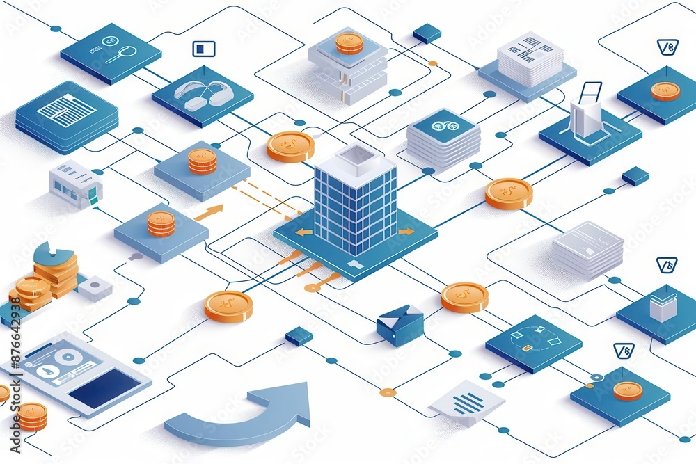 Futuristic isometric technology depicting interconnected digital nodes, currency symbols, and blockchain elements on white background. Futuristic isometric technology depicting interconnected digital nodes, currency symbols, and blockchain elements on white background.