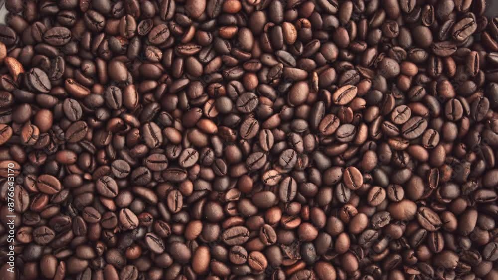 Coffee beans background, overhead view of many coffee beans rotating. Coffee beans background, overhead view of many coffee beans rotating.