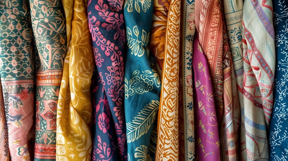 Block-printed scarves, showcasing intricate patterns, are vibrantly displayed, highlighting their craftsmanship. Block-printed scarves, showcasing intricate patterns, are vibrantly displayed, highlighting their craftsmanship.