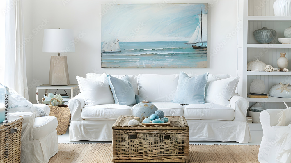 Coastal living room with white slipcovered sofa, beach-themed art ...