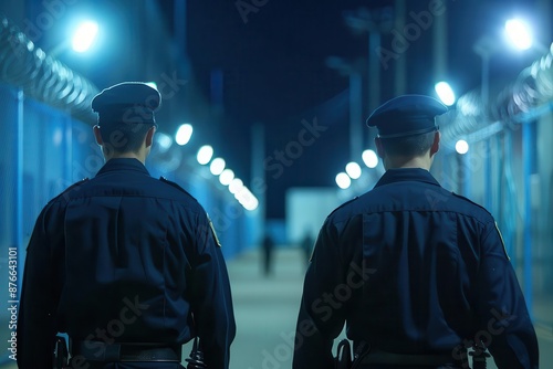 Guards patrolling prison yard at night, ensuring security photo