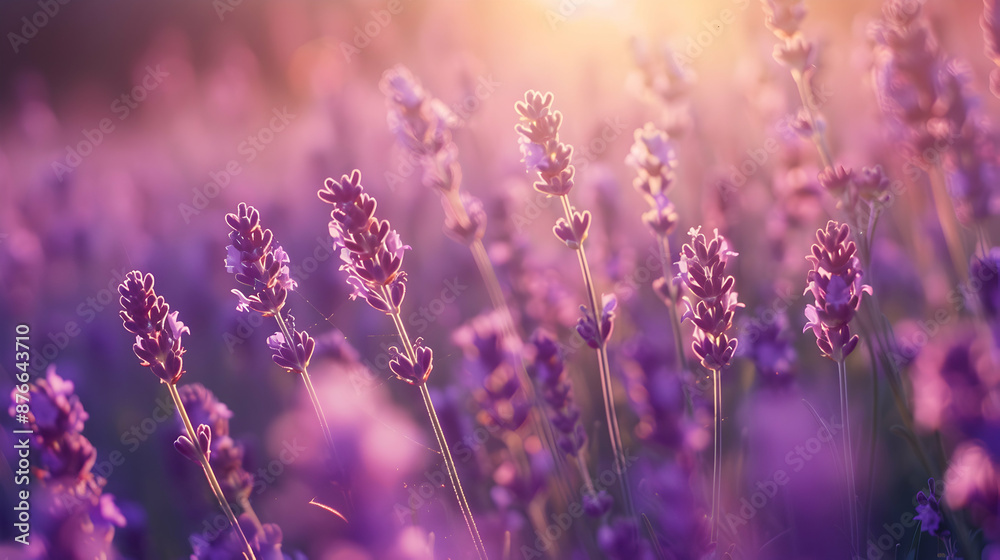 Naklejka premium Delicate lavender flowers swaying in a gentle breeze, with rows of purple blooms stretching to the horizon