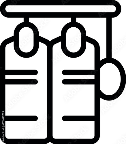 Simple black and white icon of two diving suits hanging and drying on hangers