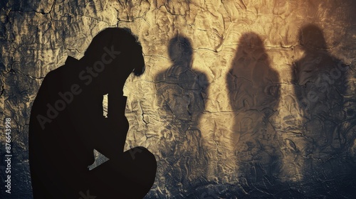 A man is kneeling in front of a wall with three silhouettes of people