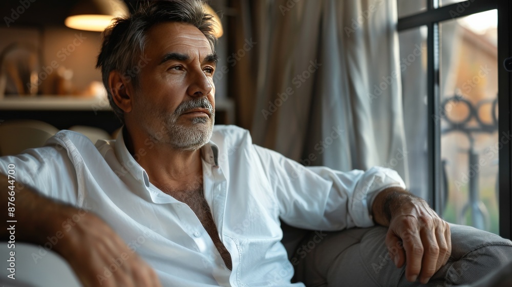 Obraz premium A man in a white shirt sits in a chair with his hands on his lap