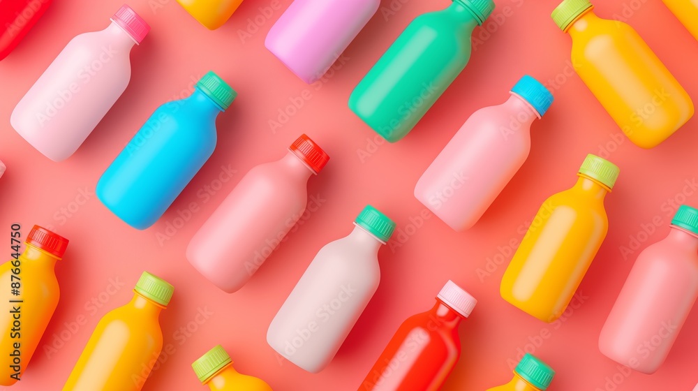 A flat lay of colorful plastic bottles on a pink surface, 3D illustration. A flat lay of colorful plastic bottles on a pink surface, 3D illustration.