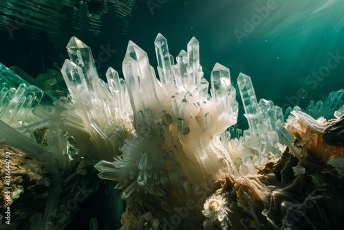 Enormous crystals emerging from the depths of a crystal-clear lake, Generative AI photo