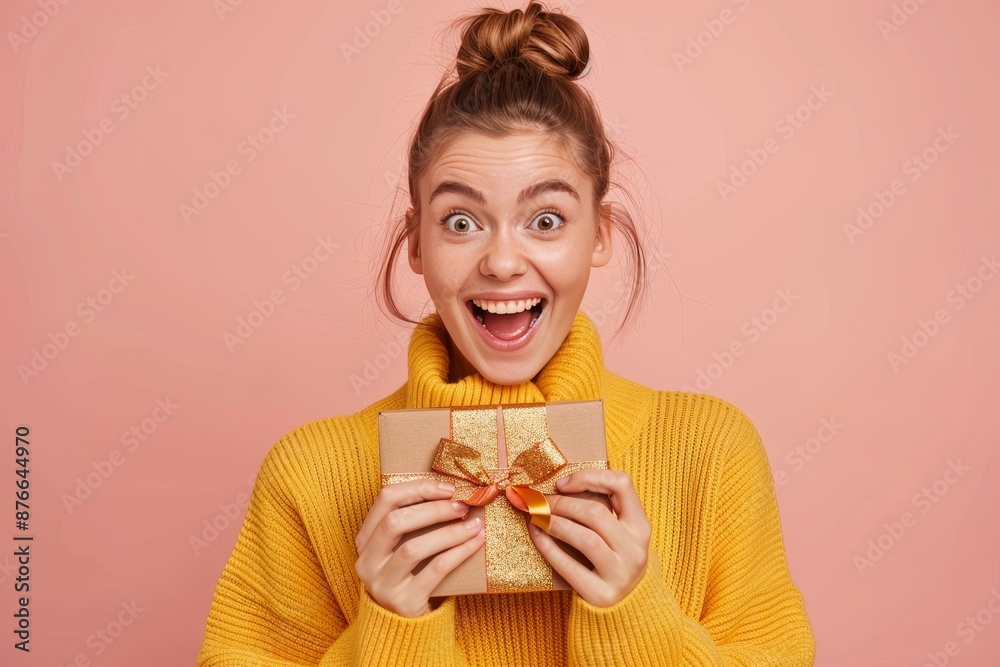 A young joyful woman in a cozy sweater holds a gift on a pink background A young joyful woman in a cozy sweater holds a gift on a pink background