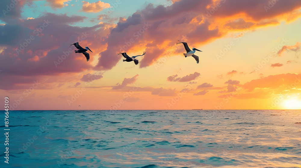 Fototapeta premium Group of pelicans gliding over turquoise waters at dawn, golden hues lighting the horizon
