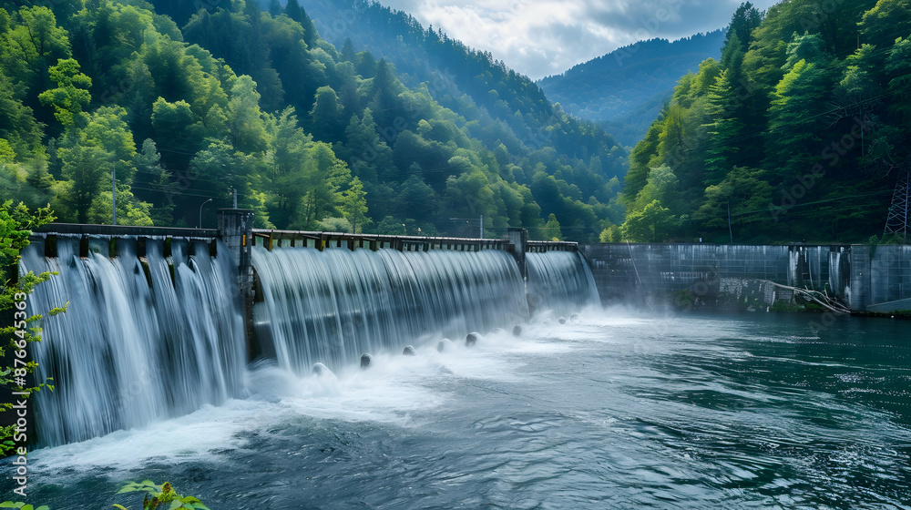 Hydroelectric dam surrounded by lush green forests and a cascading waterfall Hydroelectric dam surrounded by lush green forests and a cascading waterfall