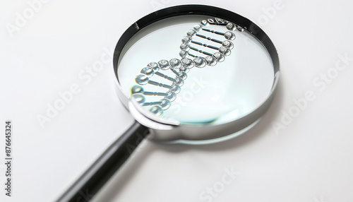 Magnifying glass focusing on DNA double helix close-up detailed inspection genetics science research biology molecular photo