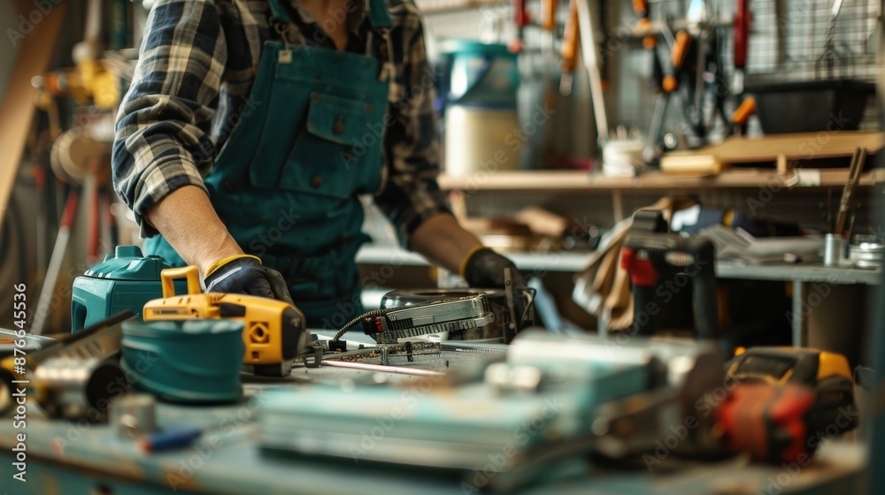A man is working on a project in a workshop A man is working on a project in a workshop