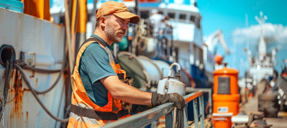 An oilman in overalls and a cap stands on board a ship docked at the port An oilman in overalls and a cap stands on board a ship docked at the port