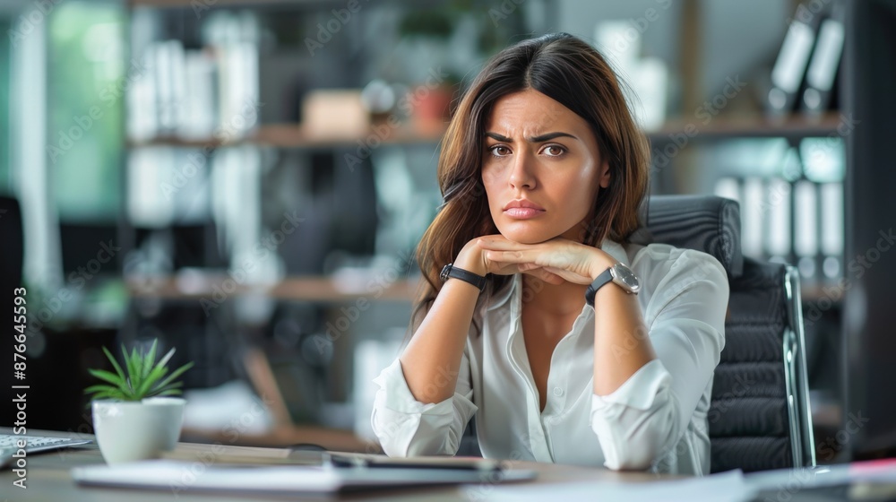 A woman is sitting at a desk with a potted plant in front of her A woman is sitting at a desk with a potted plant in front of her