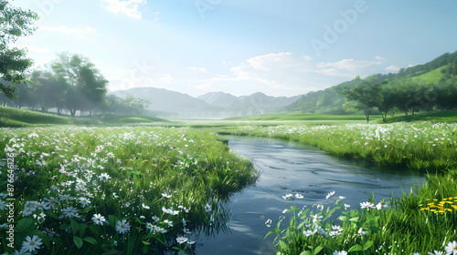 Lush green valley with wildflowers in bloom under a clear blue sky with a gently flowing river reflecting the sunlight