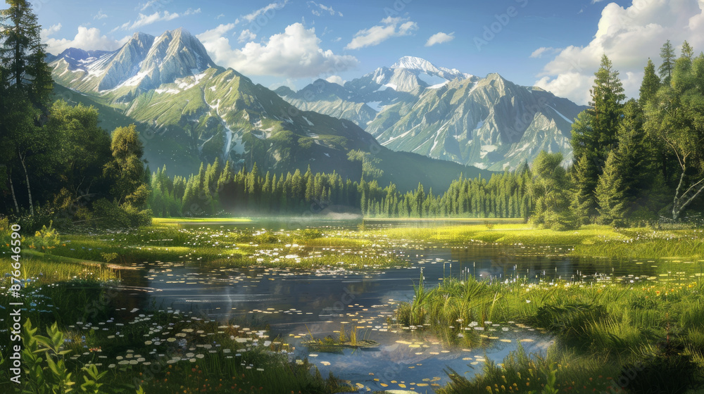 Fototapeta premium A mix of natural landscapes such as forests, meadows, mountains, and wetlands, each teeming with life and showcasing the diversity of the ecosystem. 