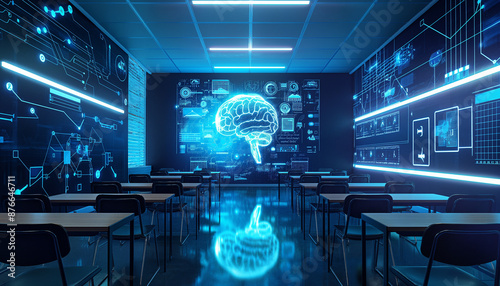 Futuristic classroom with digital brain hologram advanced technology artificial intelligence innovation modern learning
